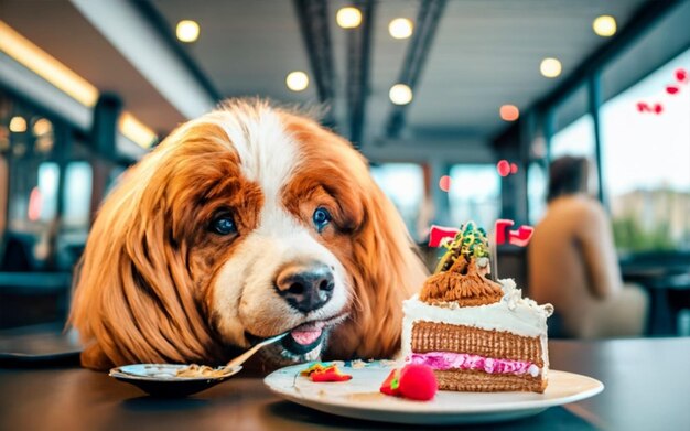 Um cão bonito está comendo bolo.