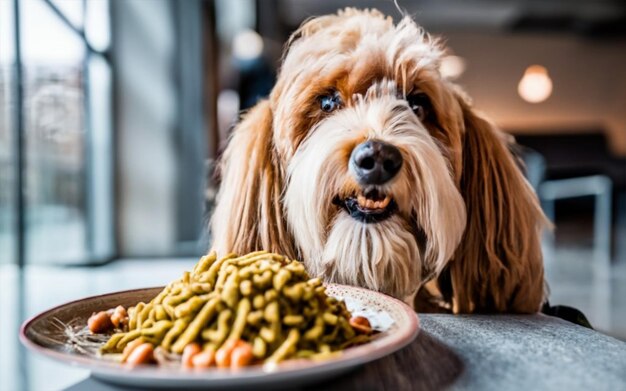 Um cão bonito está comendo comida.