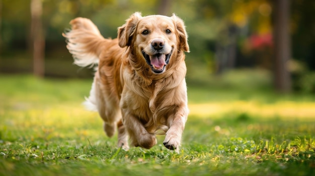 Um cão bonito está correndo no gramado.
