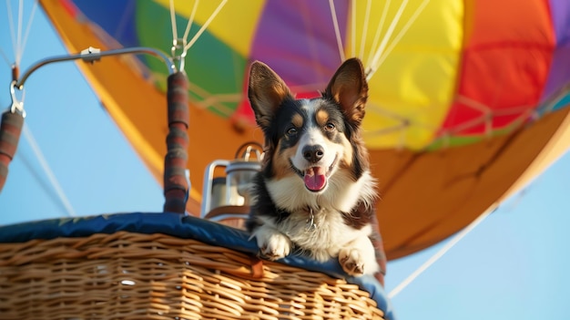 Foto um cão bonito está sentado em um cesto de balão de ar quente o cão está olhando para a paisagem abaixo o balão de aire quente está voando alto no céu