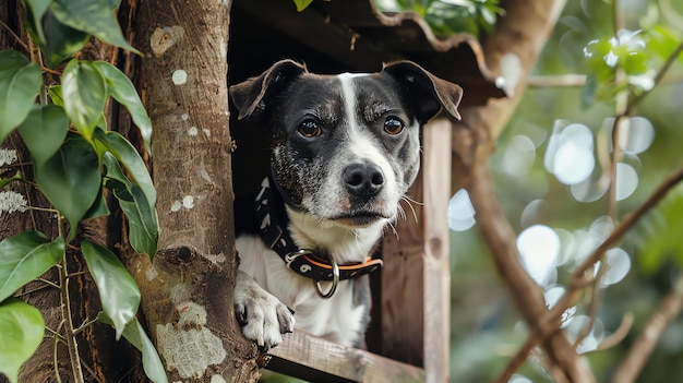 Um cão bonito está sentado em uma casa na árvore e olhando pela janela O cão tem um casaco preto e branco e está usando uma coleira