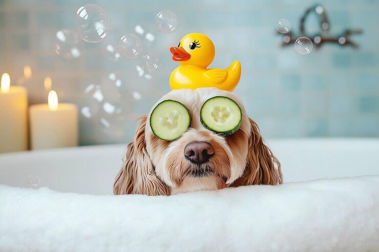 Um cão bonito relaxa em um ambiente de spa com pepinos em seus olhos um pato de borracha em sua cabeça e cercado por velas em um banheiro aconchegante Produtos para animais de estimação e anúncios salão de higiene conceito de spa para animais