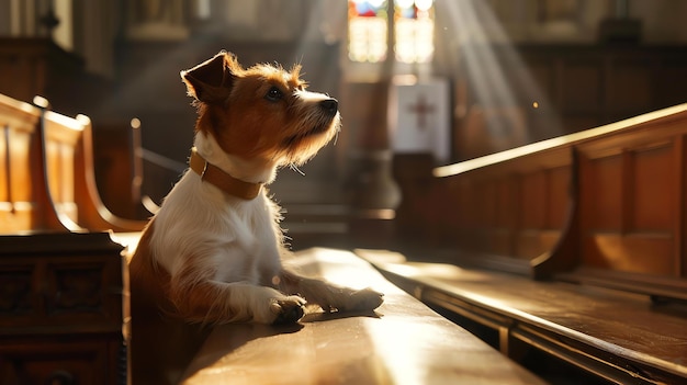 Foto um cão bonito senta-se em um banco da igreja olhando para as janelas de vidro colorido