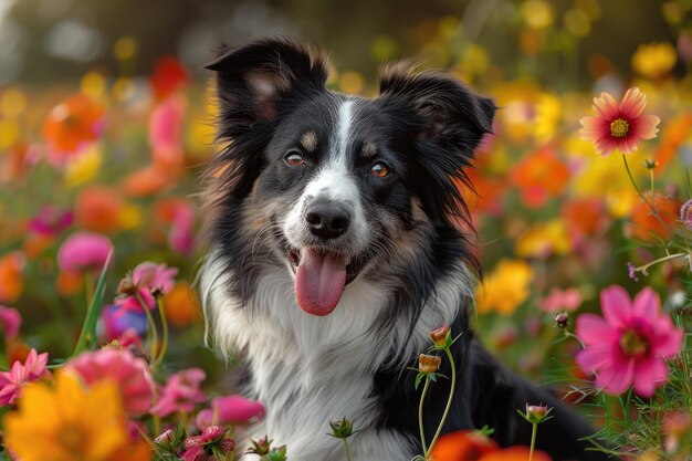 Um cão bonito sentado em um campo de flores com a língua pendurada