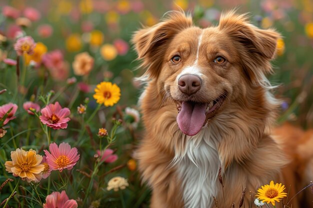 Um cão bonito sentado em um campo de flores com a língua pendurada