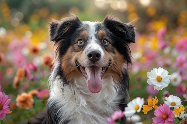 Um cão bonito sentado em um campo de flores com a língua pendurada