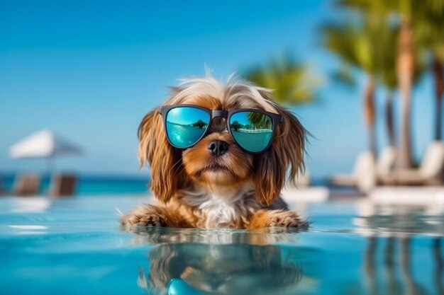 Um cão bonito usando óculos de sol e de pé em uma poça Generative Ai