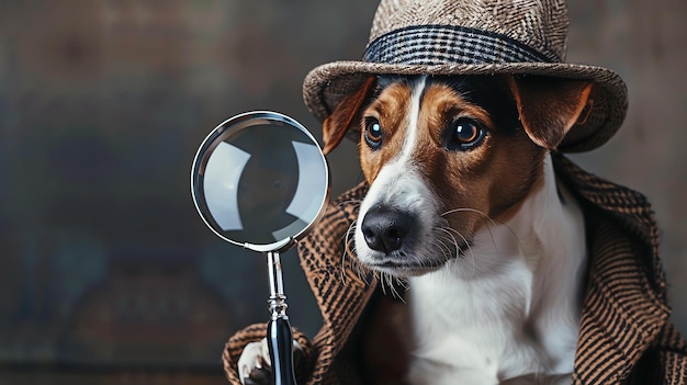 Foto um cão bonito vestindo um casaco de tweed marrom e um chapéu de tweed castanho com um padrão a quadros está segurando uma lupa com sua pata