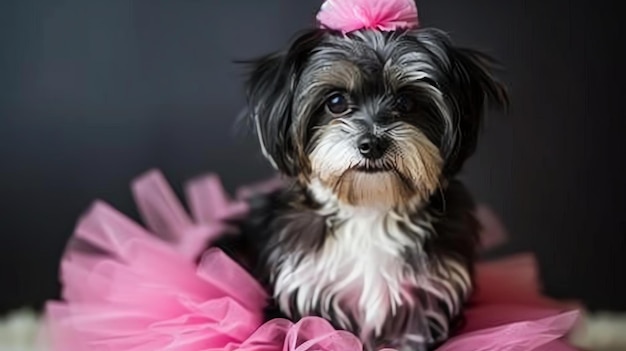 Foto um cão bonito vestindo um clipe de cabelo de flor rosa e um tutu rosa está sentado em um cobertor branco o cão tem pelo escuro e olhos castanhos claros