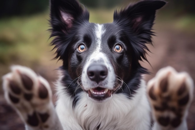 Um cão border collie com as patas no ar