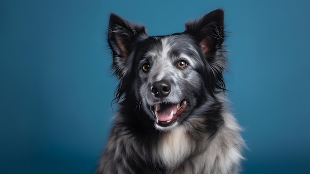Um cão border collie com um fundo azul