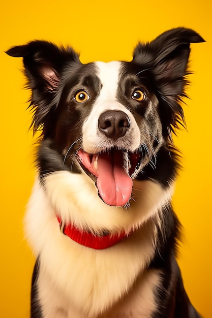 Um cão border collie com uma coleira vermelha e uma coleira vermelha.