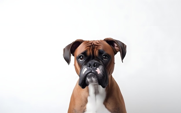 Um cão boxer com um fundo branco