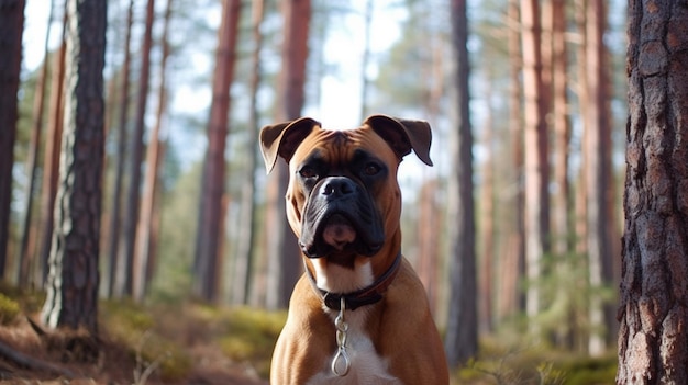 Um cão boxer em uma floresta