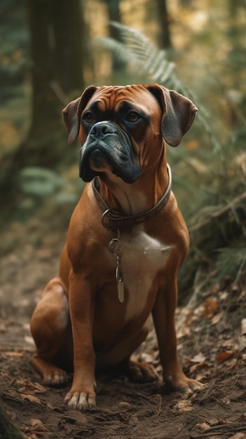 Um cão boxer senta-se na floresta com a palavra boxer na frente.