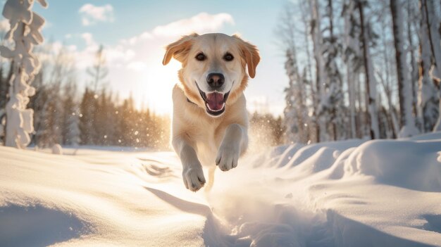 Um cão branco alegre e ativo corre pela neve com vista para uma paisagem nevada de floresta e