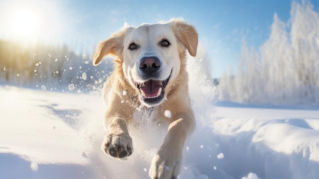 Um cão branco alegre e ativo corre pela neve com vista para uma paisagem nevada de floresta