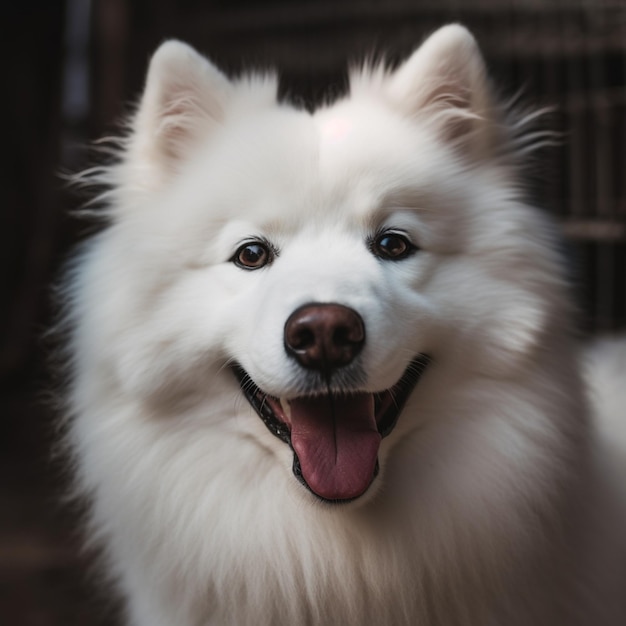 Um cão branco com olhos azuis e nariz castanho.