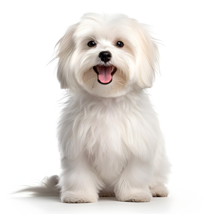 Foto um cão branco com um nariz preto e um fundo branco
