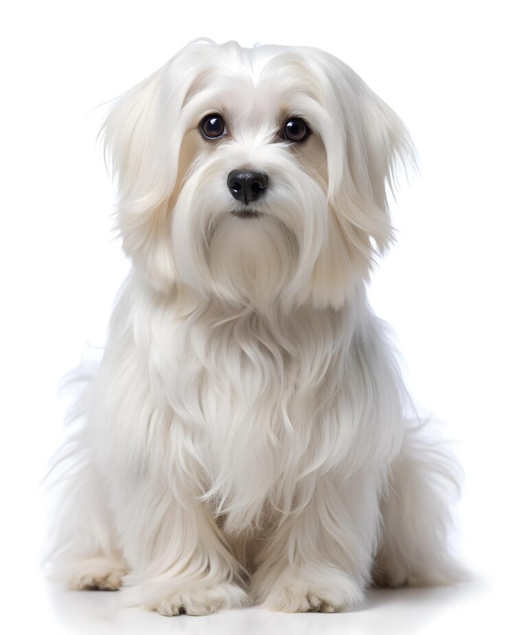 Foto um cão branco com um nariz preto e um fundo branco