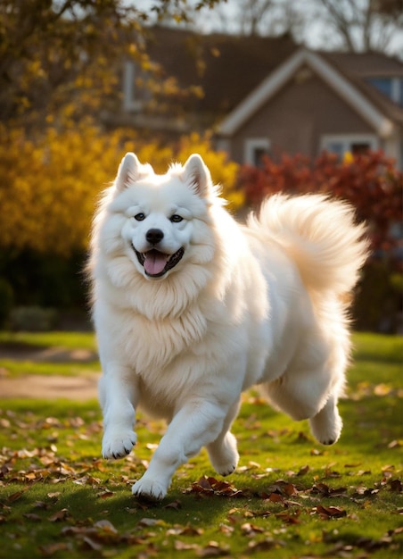 um cão branco correndo em um campo com uma casa ao fundo