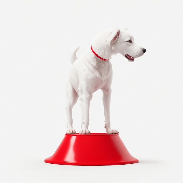 Foto um cão branco de pé ao lado da tigela vermelha com um fundo branco