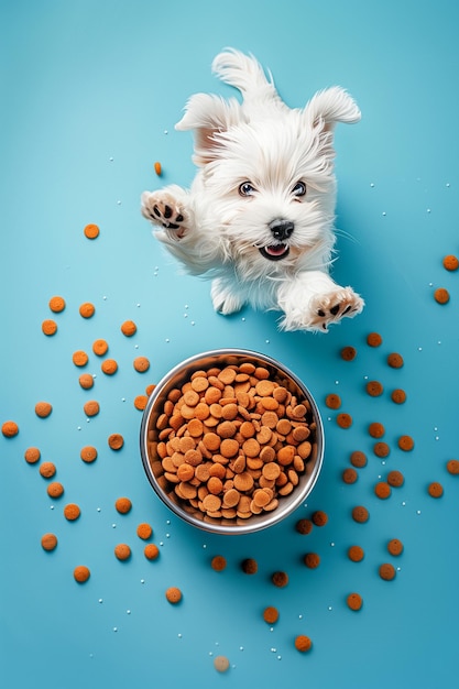 Um cão branco está pulando no ar e pegando comida