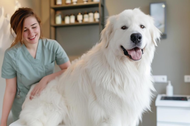 Um cão branco está sendo cuidados por uma mulher