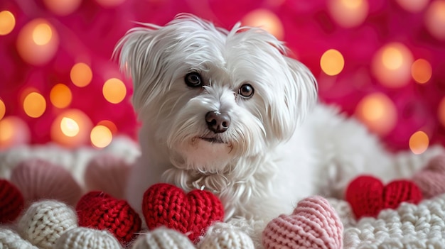 Foto um cão branco fofo cercado por decorações de corações vermelhos e rosa de malha conceito do dia de são valentim