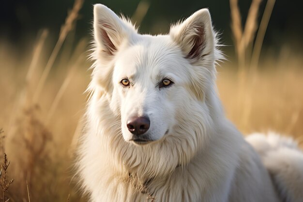 Foto um cão branco num campo.