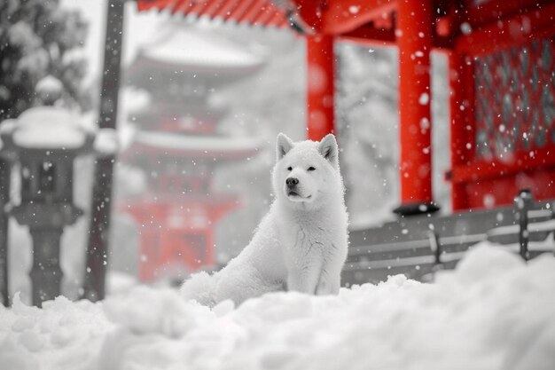 Foto um cão branco sentado em cima de uma pilha de neve
