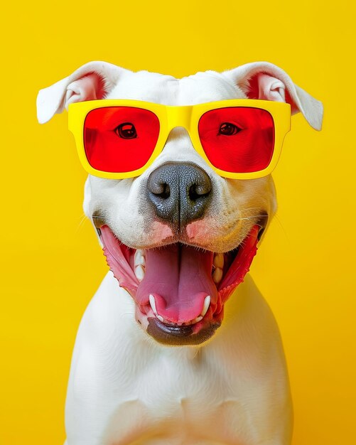 Foto um cão branco sorridente usando óculos de sol vermelhos em um fundo amarelo