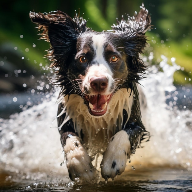Um cão brincalhão espirrando em um riacho