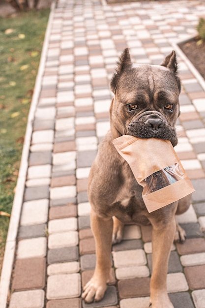 Um cão Cane Corso segura um petisco favorito na boca Recompense seu cão com um petisco seco Um conjunto de petiscos para cães