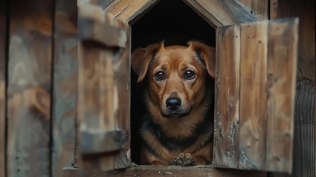 Um cão castanho bonito senta-se em um canil de madeira e olha para fora da porta com olhos tristes