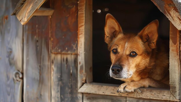 Foto um cão castanho bonito senta-se em um canil de madeira e olha para o quintal o cão tem uma expressão pensativa em seu rosto