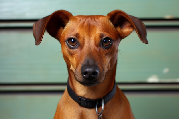 um cão castanho com um colarinho preto sentado na frente de uma parede verde