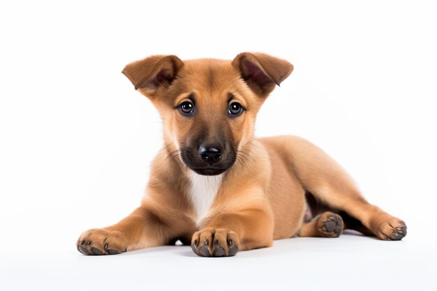 um cão castanho deitado em uma superfície branca