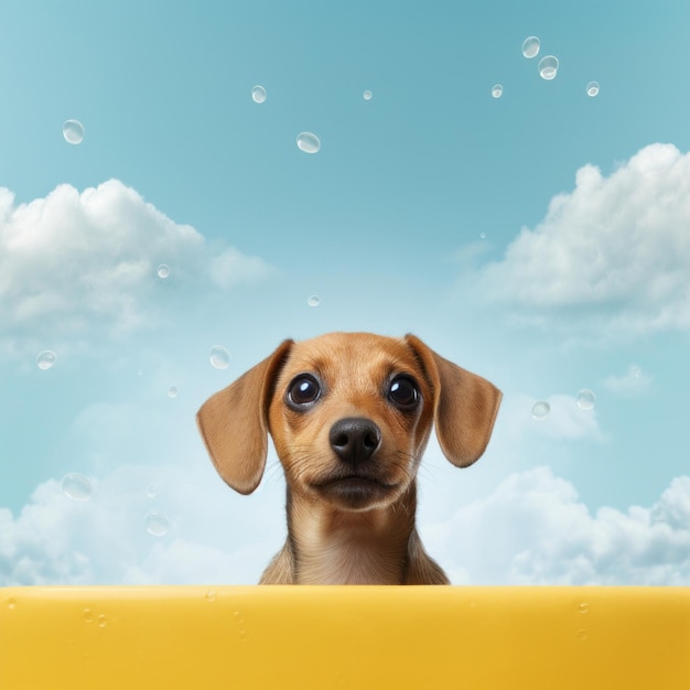 Um cão castanho olhando por cima de uma borda amarela
