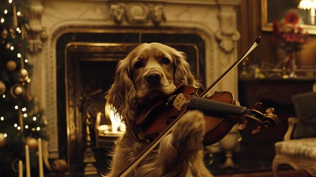 Foto um cão castanho peludo senta-se em suas ancas na frente de uma lareira segurando um violino em suas patas