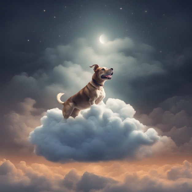 Um cão cavalgou no céu entre as nuvens no papel de parede noturno