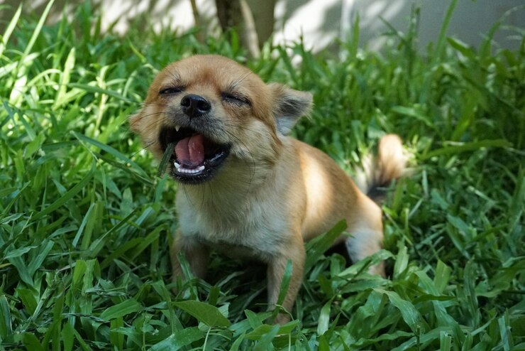 Foto um cão chihuahua está sorrindo em grsss