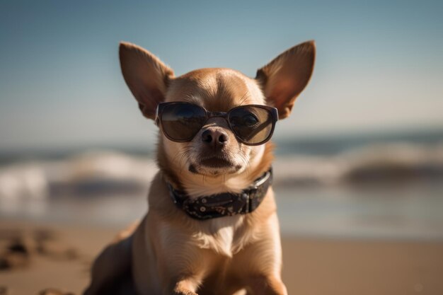 Um cão chihuahua usando óculos de sol sentado em uma praia