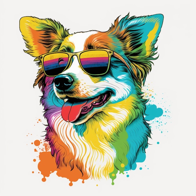 Um cão colorido com óculos de sol e uma cabeça colorida do arco-íris.