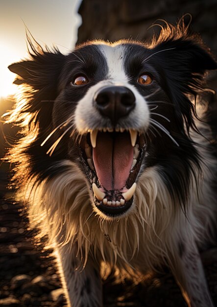 Foto um cão com a boca aberta e o sol a brilhar