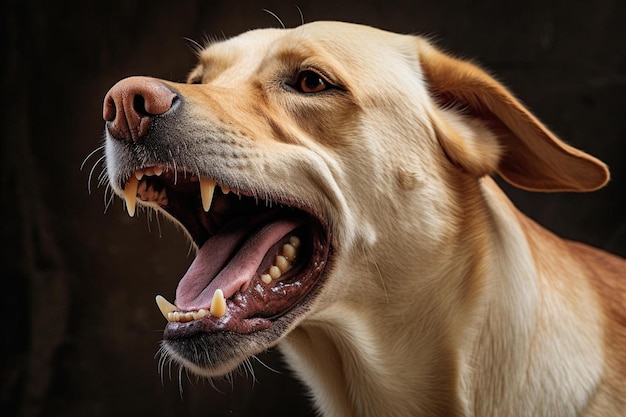 um cão com a boca aberta e um fundo preto