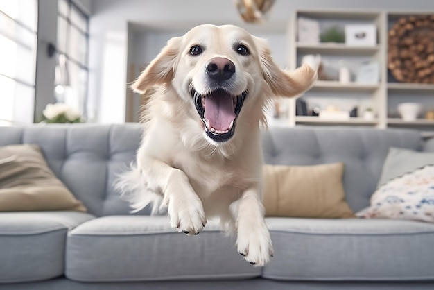 Um cão com a boca aberta em um sofá com um fundo branco.