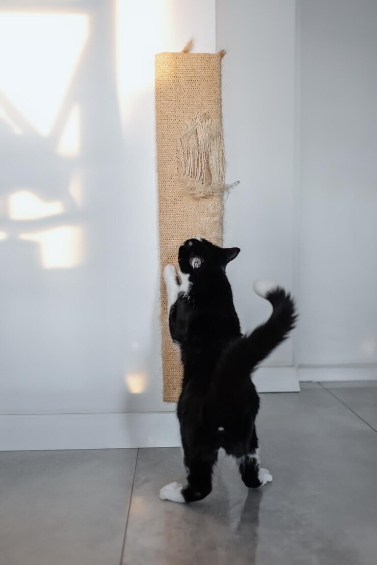 Foto um cão com a cauda erguida olhando para um gato