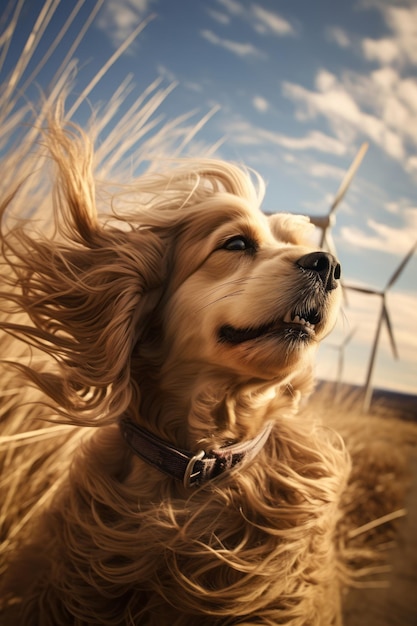 um cão com cabelo comprido ao vento