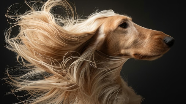 Um cão com cabelo longo, casaco de cão em fundo escuro.